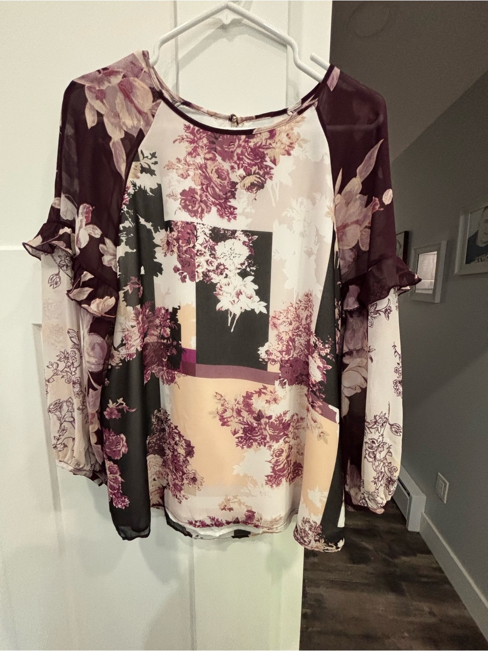 Calvin Klein Floral Patchwork Raglan Blouse in Mauve and Cream